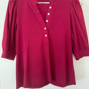 Veronica Beard Coralee Puff-Sleeve Henley Top Raspberry Women's Size XL